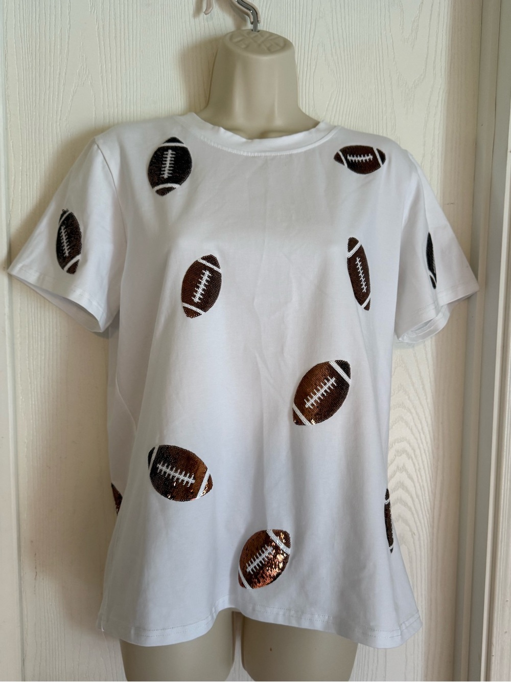 White Short Sleeve Tee with Brown Football sequins - Picture 1 of 7